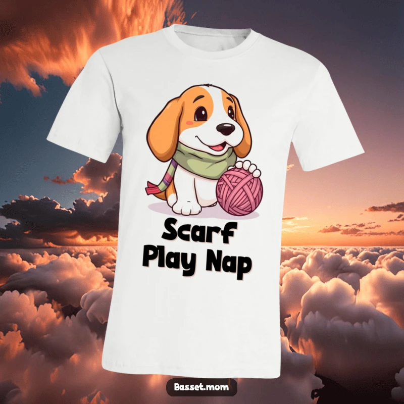 Funny Basset Hound t-shirt, a dog wearing a colorful scarf, playfully swatting a fuzzy yarn ball, embodying pure, unadulterated fun.
