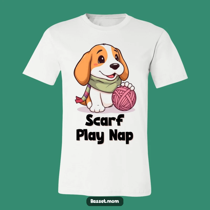 Funny Basset Hound Yarn Ball Playtime T-Shirt - Comical Dog Gift for Scarf Wearers