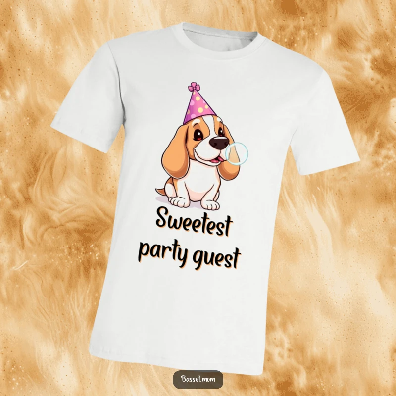 Funny Basset Hound t-shirt featuring a dog in a party hat blowing a bubble from a lollipop, symbolizing fun and celebration.