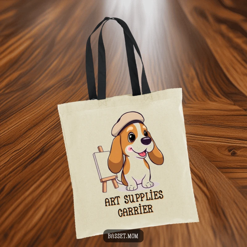 Funny Basset Hound Artist Tote Bag: A Basset hound in a beret painting a cheerful picture, a stylish and creative carry-all, funny gift.