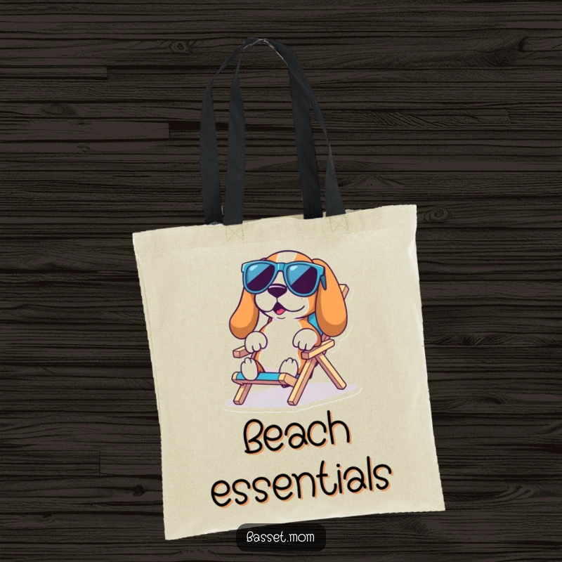 Funny Basset Hound Beach Tote Bag: A Basset hound in cool sunglasses lounges on a tiny chair, bringing beachy humor, perfect funny gift.