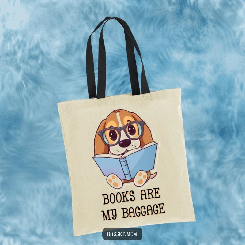 Funny Basset Hound Tote Bag: A dog with oversized glasses reading a colorful book, perfect for book lovers.
