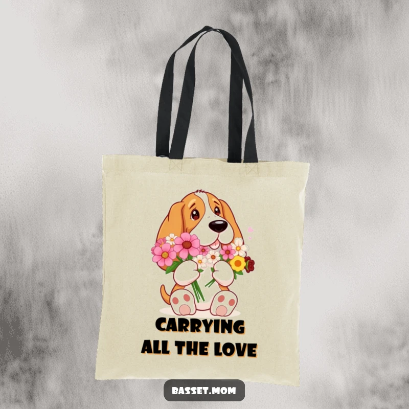 Funny Basset Hound with comically big paws gracefully holding a bouquet of flowers, perfect for a stylish and humorous tote bag.