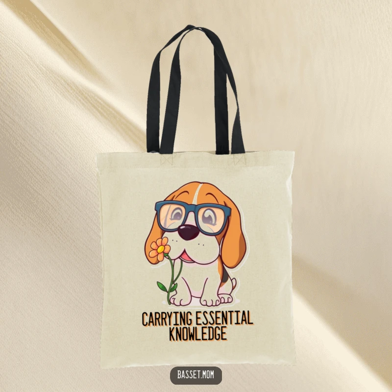 Funny Basset Hound tote bag with a dog wearing large glasses, curiously sniffing a flower, ideal for carrying essentials with style.