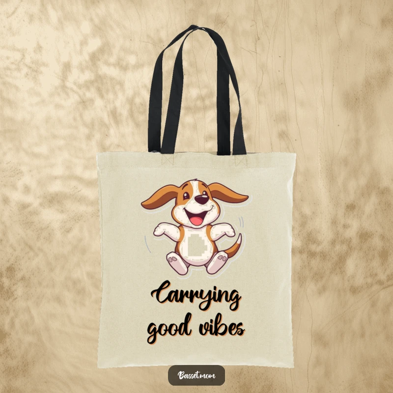 Funny Basset Hound tote bag, a dog spinning in a circle with ears flapping, perfect for carrying items with a happy vibe.
