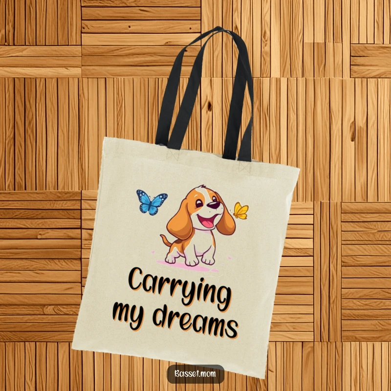 Funny Basset Hound Tote Bag: A droopy-eared dog joyfully chasing a butterfly, a practical and humorous accessory, ideal for a funny gift.