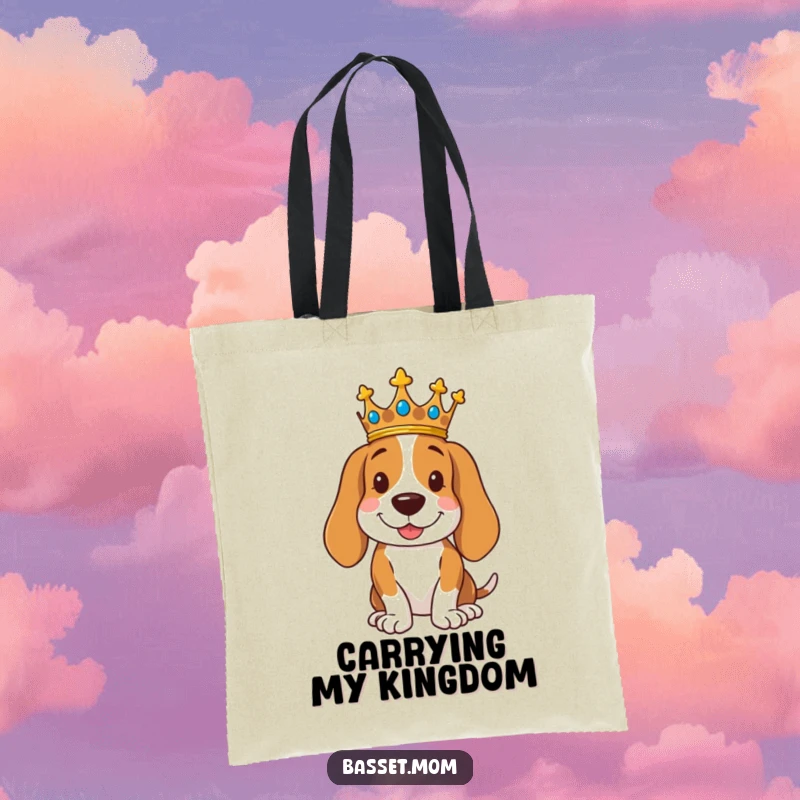 Funny royal Basset Hound tote bag with a dog wearing a crown, posing regally with a smile, perfect for carrying items with humor.