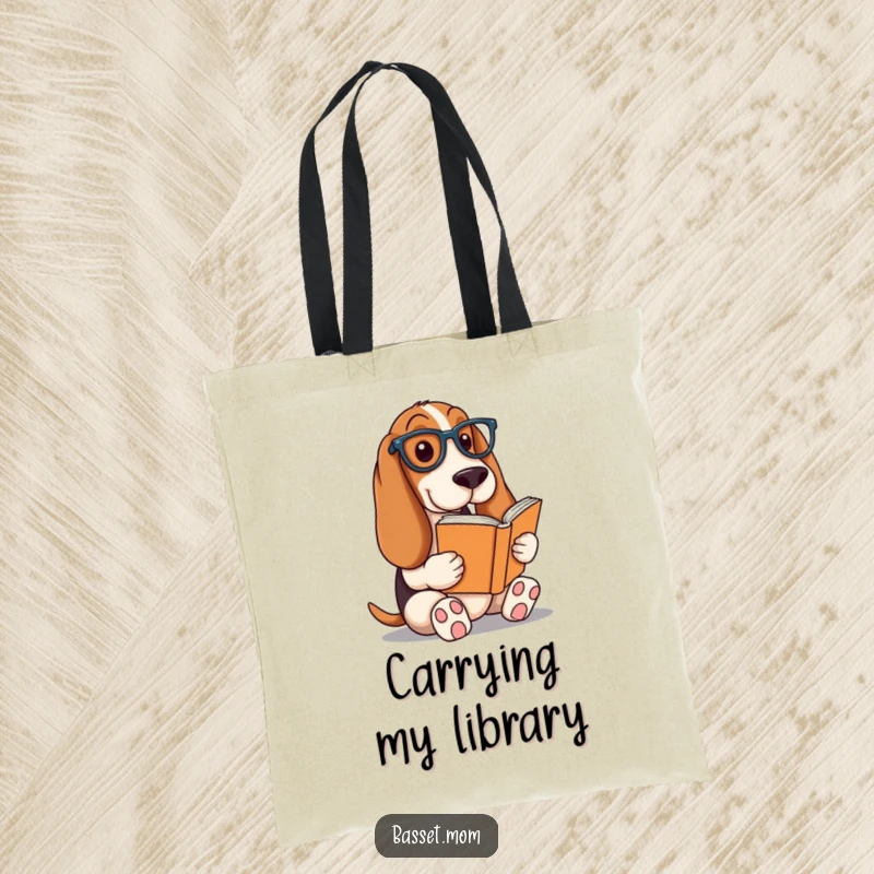 Funny Basset Hound tote bag, a dog with glasses reading a book, perfect for carrying books and essentials with a literary flair.