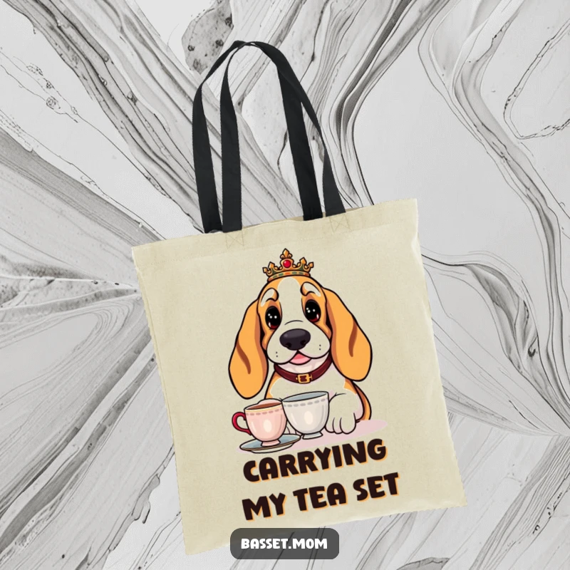 Funny Basset Hound tote bag with a regal dog enjoying a cup of tea, perfect for carrying items with sophisticated humor.