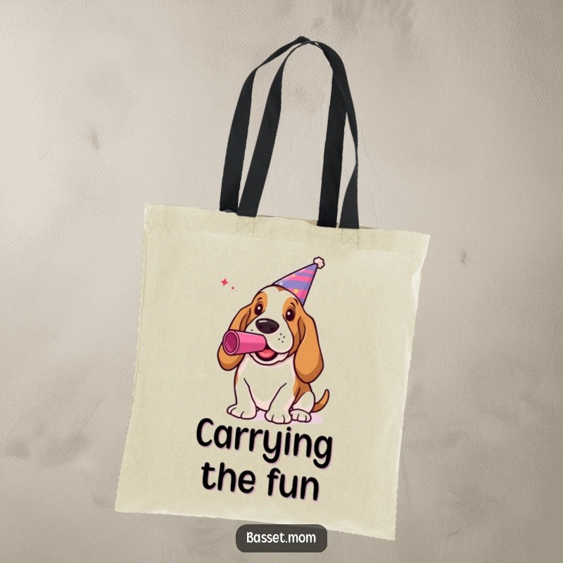 Funny Basset Hound Tote Bag: A dog in a party hat blowing a noisemaker, great for party supplies.