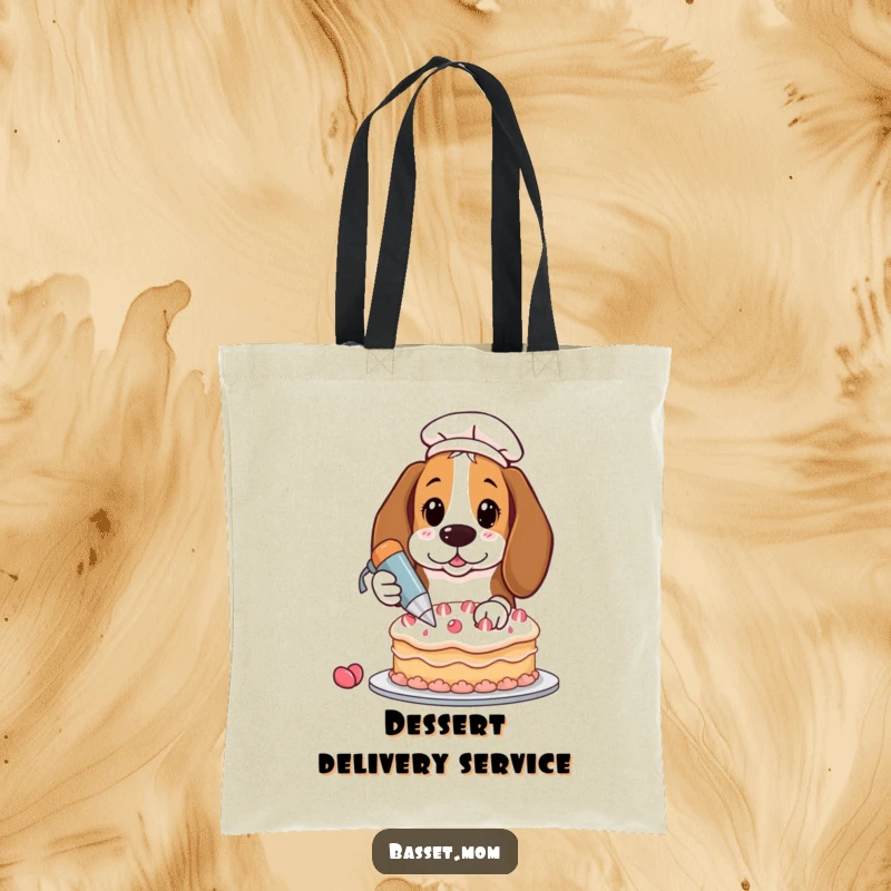 Funny Basset Hound with pastry bag, decorating cake, reusable shopping bag, humorous dog tote.