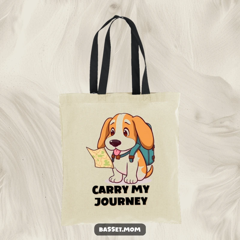 Funny Basset Hound tote bag, a dog with a backpack, looking curiously at a map, perfect for carrying travel gear.