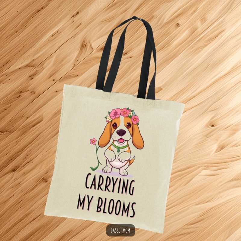 Funny Basset Hound tote bag depicting a dog in a floral headband, prancing with a flower, ideal for stylish, humorous carrying.