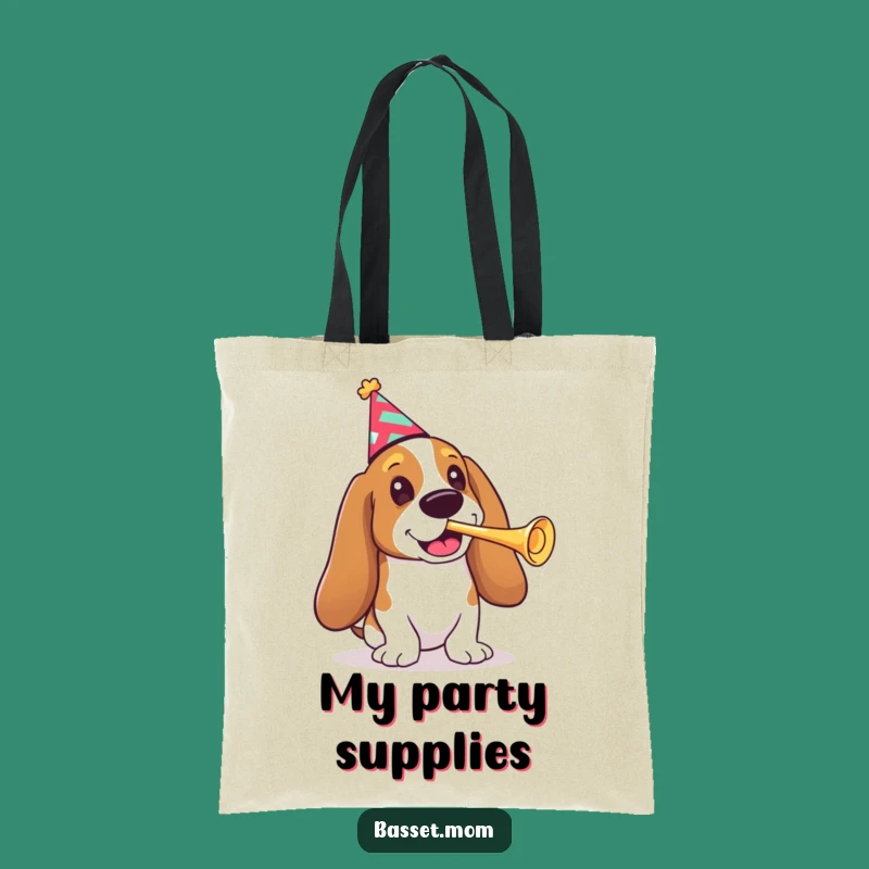 Funny Basset Hound Party Tote Bag - Chic Dog Gift with Party Hat & Trumpet