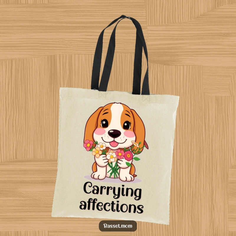 Funny Basset Hound tote bag, a dog with rosy cheeks offering a bouquet of flowers, perfect for carrying items with a sweet vibe.