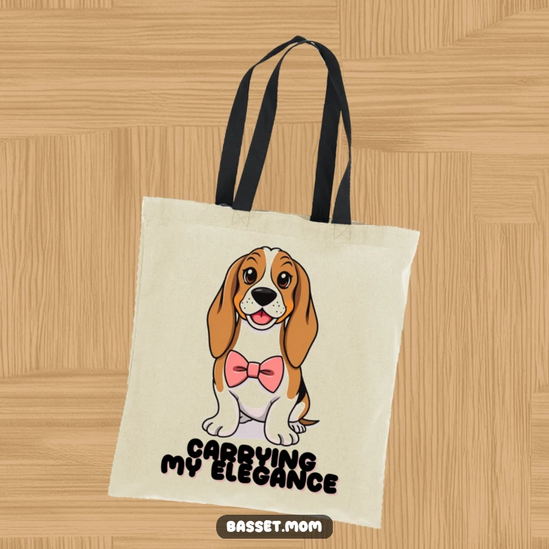 Funny Basset Hound tote bag, featuring a dog wearing a tiny bowtie and posing proudly, a stylish and humorous accessory.