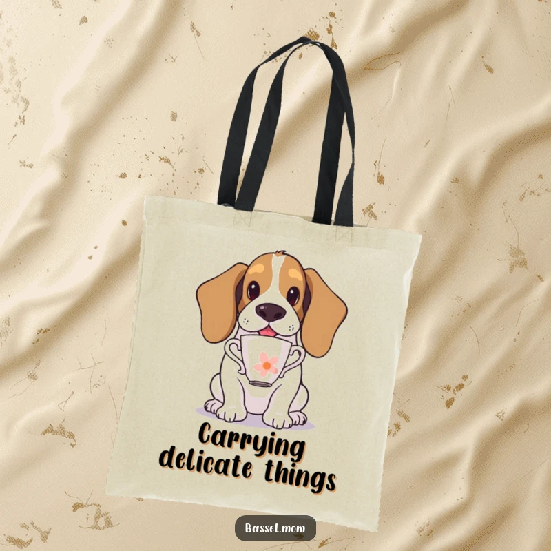 Funny Basset Hound tote bag showing a dog balancing a teacup on its nose, a comical and graceful image for everyday use.