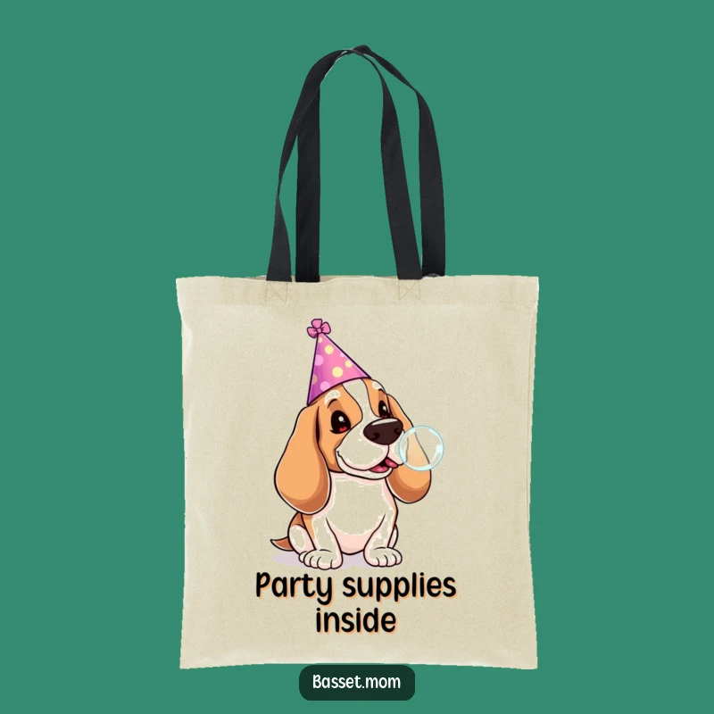 Funny Basset Hound Tote Bag: Party Time with Lollipop Bubbles Galore