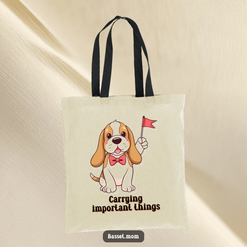 Funny plush Basset Hound adorned with a bow tie, elegantly holding a tiny flag, perfect for a stylish and humorous tote bag.