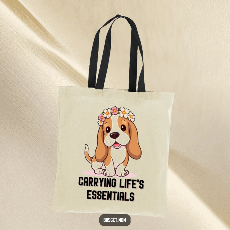 Funny Basset Hound tote bag featuring a droopy-eared dog wearing a flower crown, tail wagging joyfully, perfect for stylish, humorous shoppers.
