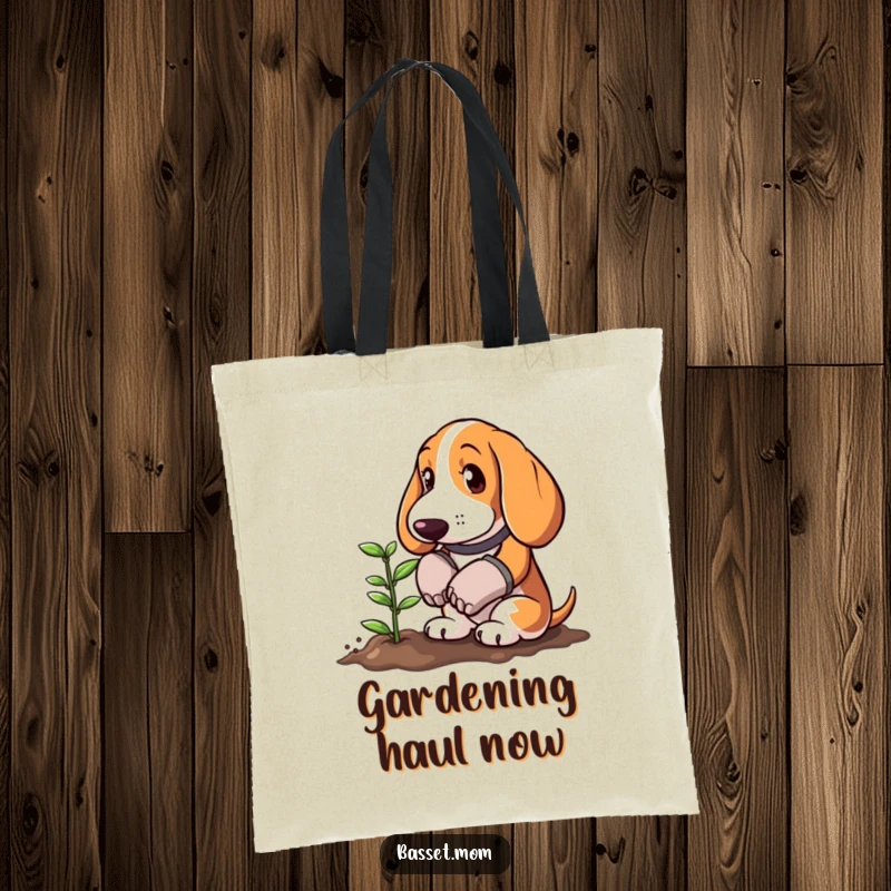 Funny Basset Hound in gardening gloves planting a tiny sprout, illustrated on a tote bag, a charming and humorous gardening accessory.