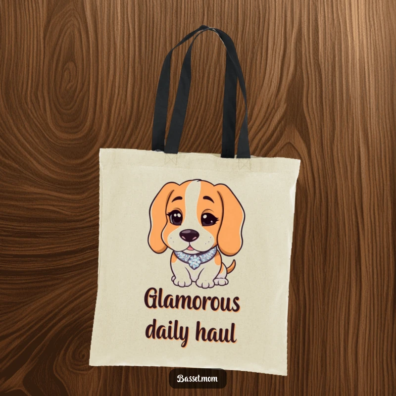 Funny Basset Hound with a sparkly collar winking charmingly, illustrated on a tote bag, a stylish and humorous accessory.
