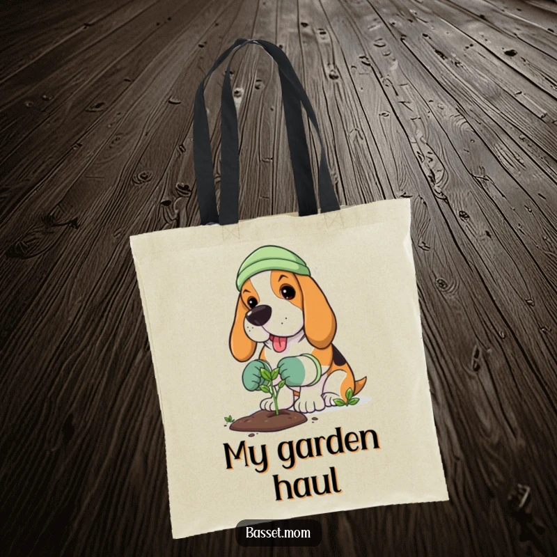 Funny Basset Hound tote bag with a dog in gardening gloves planting a sprout, perfect for carrying gardening supplies with humor.