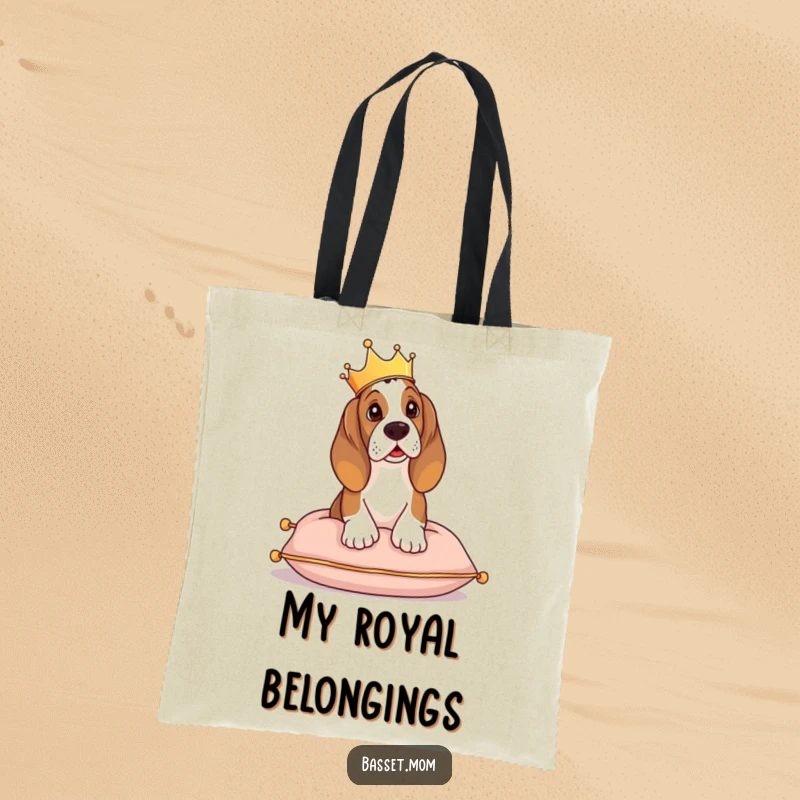Funny Basset Hound tote bag, a dog with a crown sits on a cushion, overseeing its realm.