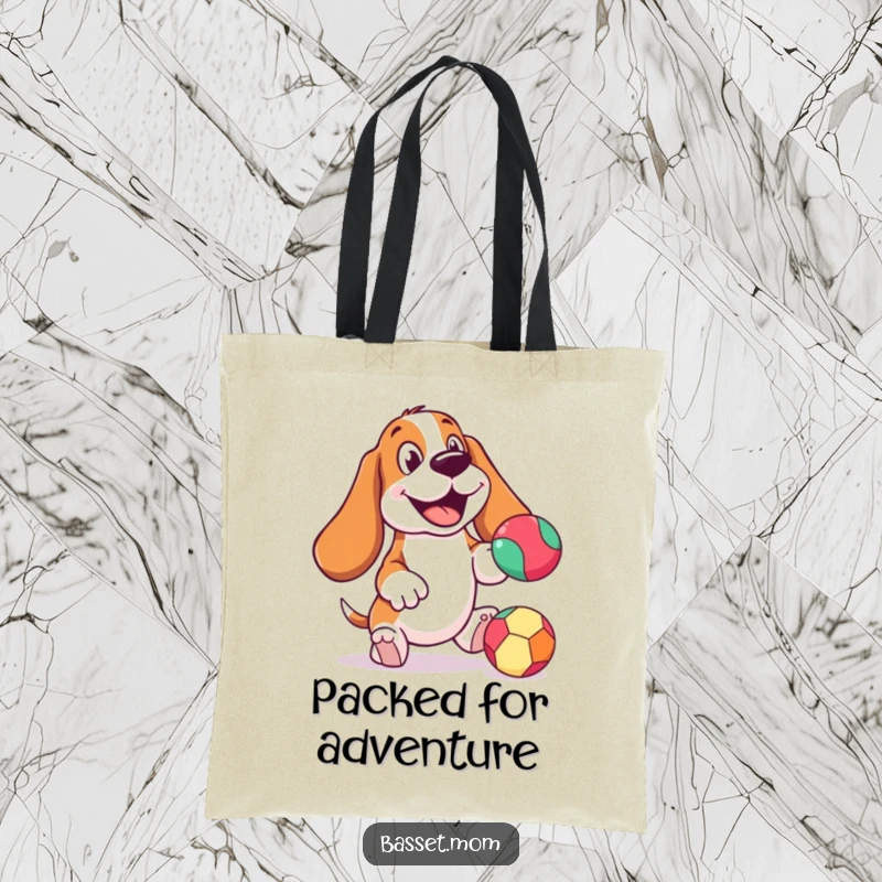 Funny Basset Hound tote bag, cheerful expression, bouncing a colorful ball, a stylish and playful accessory for dog enthusiasts.