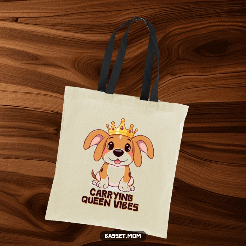 Funny Basset Hound tote bag showing a dog wearing a miniature crown, looking both regal and approachable, ready for any royal decree.