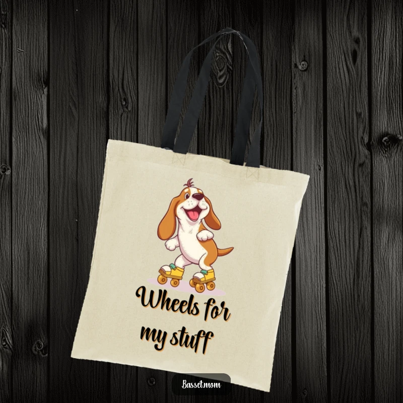 Funny Basset Hound joyfully wobbling while wearing roller skates, embodying playful happiness on this practical and humorous tote bag.